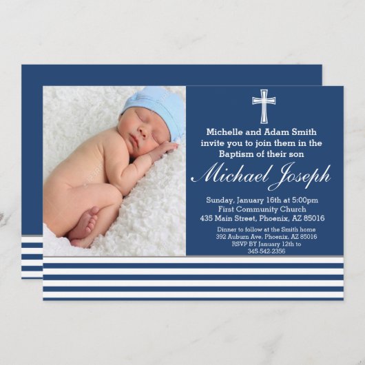 Blauwe Doop Religieuze Witte Jongen Doopsel Kruis Kaart (Voorkant / Achterkant)