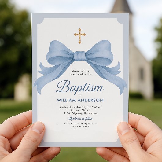 Blauwe Doop Uitnodiging met Kruis en Boog