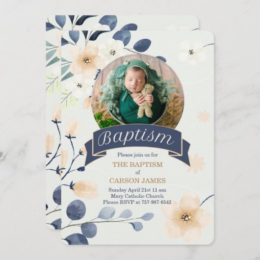 Blauwe Doop voor Baby Jongen Gele Bloesems Kaart (Voorkant / Achterkant)