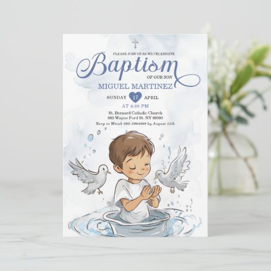 Blauwe doopduif Schattige jongetje biddende doop Kaart (Staand voorkant)