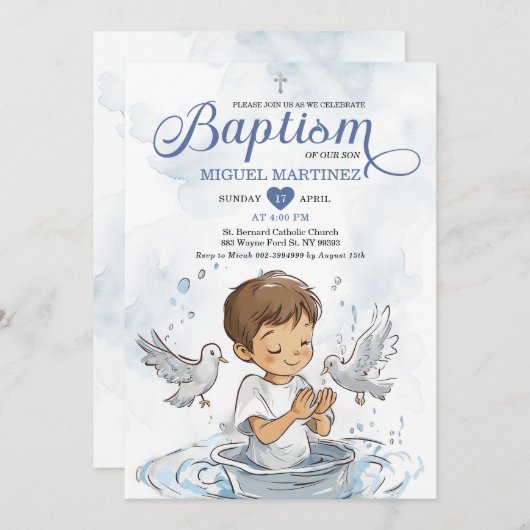 Blauwe doopduif Schattige jongetje biddende doop Kaart (Voorkant / Achterkant)