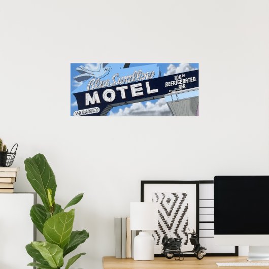 Blauwe doorslikte muis op Route 66 Retro Poster (Thuiskantoor)