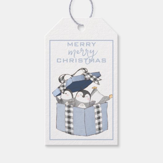 Blauwe doos pinguïns, tassen met kerstcadeautjes cadeaulabel (Voorkant)