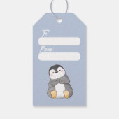 Blauwe doos pinguïns, tassen met kerstcadeautjes cadeaulabel (Achterkant)