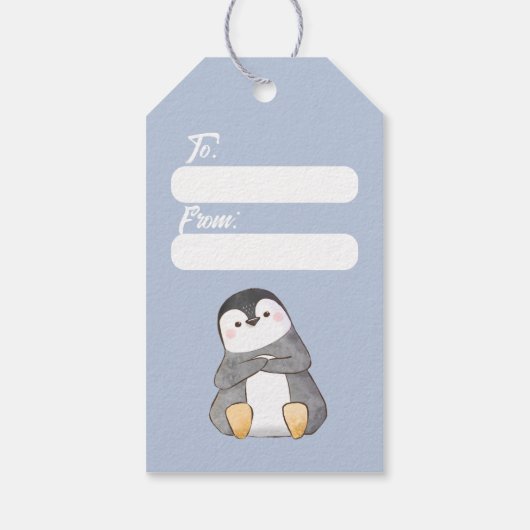 Blauwe doos pinguïns, tassen met kerstcadeautjes cadeaulabel (Achterkant)
