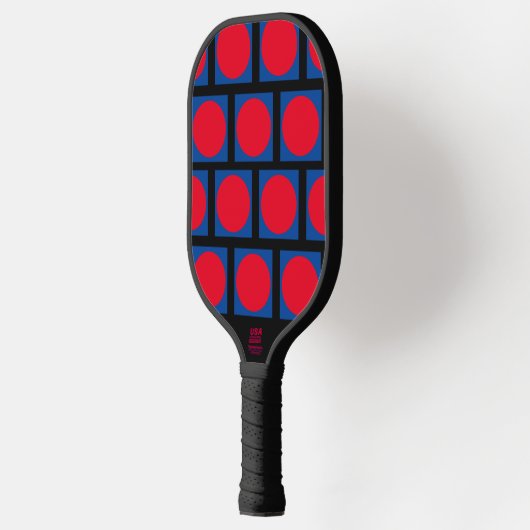 Blauwe doos, rode stip pickleball paddle (Links)