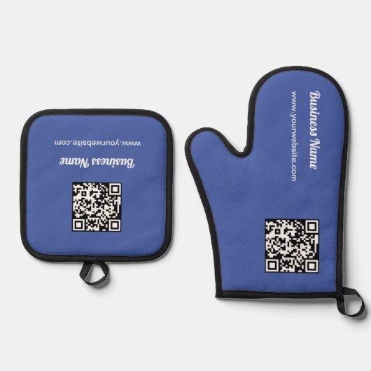 Blauwe Douanenaam Barcode QR Code Ovenwant & Pannenlap Set (Voorkant)