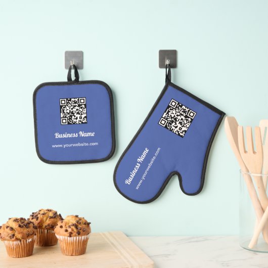 Blauwe Douanenaam Barcode QR Code Ovenwant & Pannenlap Set (Insitu(Ophanging))