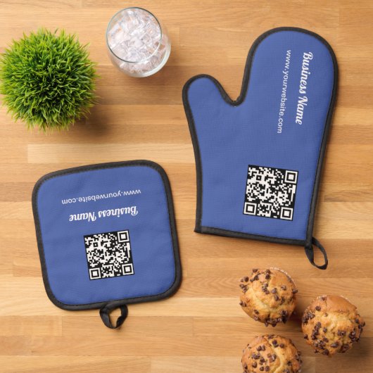 Blauwe Douanenaam Barcode QR Code Ovenwant & Pannenlap Set (Top down)