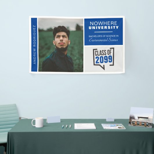 Blauwe dozen en foto-Afstuderen banner (Beurs)