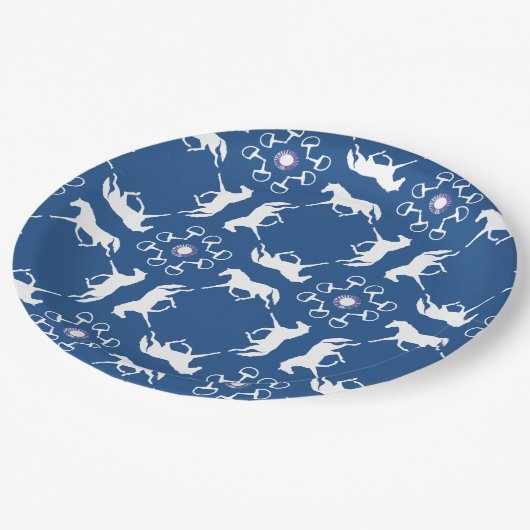 Blauwe draaipaarden en -beetjes papieren bordje (Gekanteld)