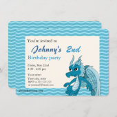 Blauwe draak cartoon verjaardagsdrukuitnodigingen kaart (Voorkant / Achterkant)