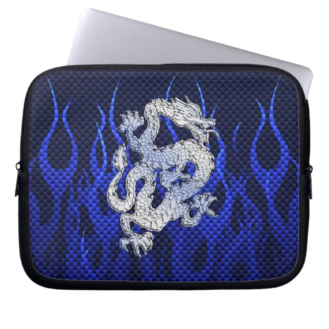 Blauwe Draak Chrome zoals Carbonvezel vlammen Laptop Sleeve (Voorkant)