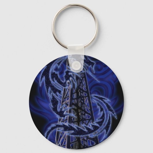 Blauwe draak die rond een derrick loopt sleutelhanger (Voorkant)