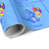 Blauwe draak en ballonnen gepersonaliseerd op zate cadeaupapier (Rol Hoek)