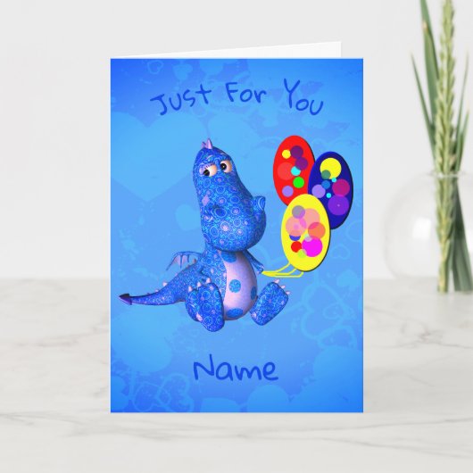 Blauwe draak en ballonnen gepersonaliseerd op zate kaart (Voorkant)
