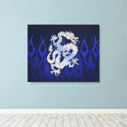 Blauwe draak in koolstofvezelstijlen van Chrome Canvas Afdruk (Insitu (Houten vloer))