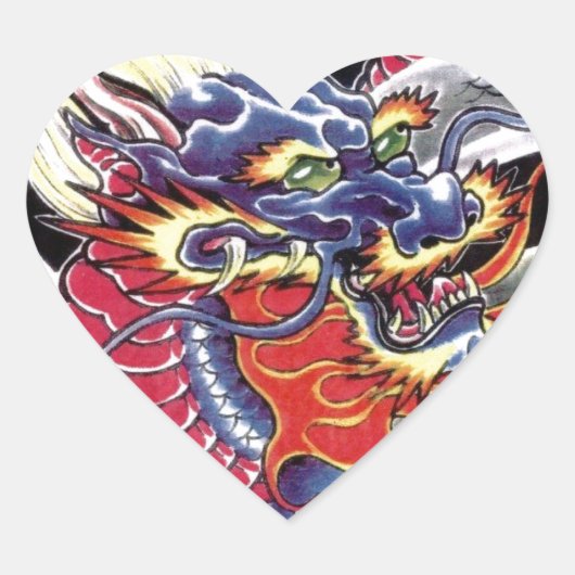 Blauwe draak Japans tattoo Hart Sticker (Voorkant)