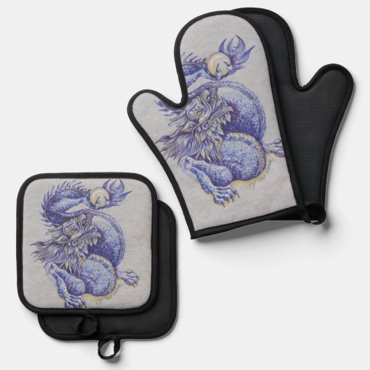 Blauwe draak ovenwant & pannenlap set (Voorkant / Achterkant)