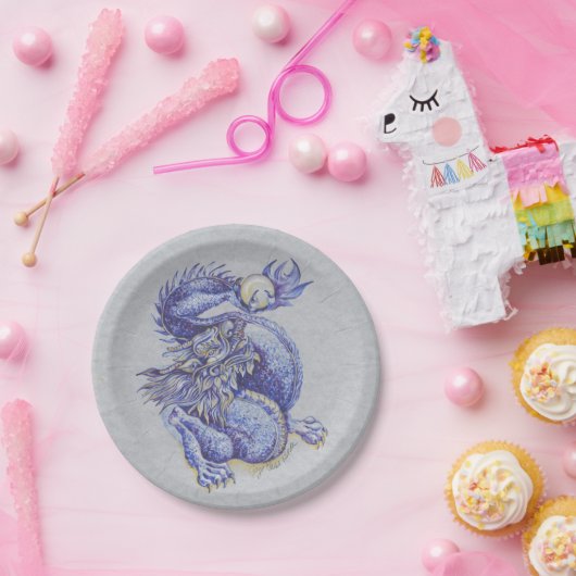 Blauwe draak papieren bordje (Feest)