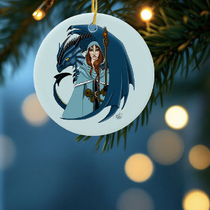 Blauwe Draak Tovenares Sneeuwvlokken Keramisch Ornament