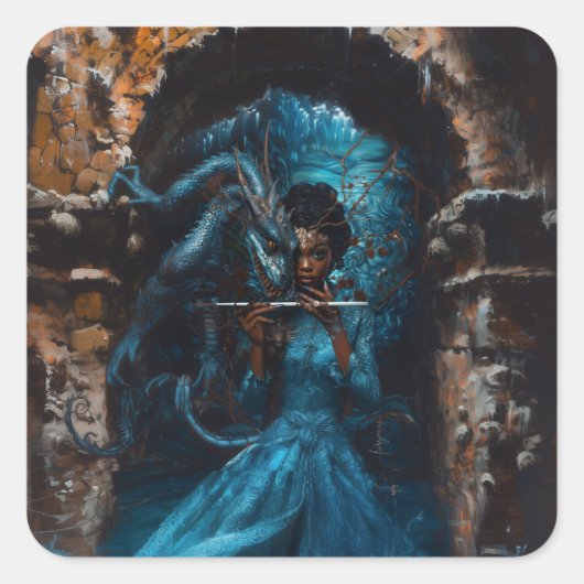 Blauwe draak vierkante sticker (Voorkant)