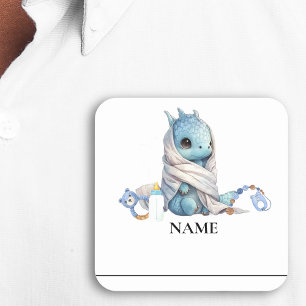 Blauwe Draak Waterverf Baby Shower naamkaartje Vierkante Sticker