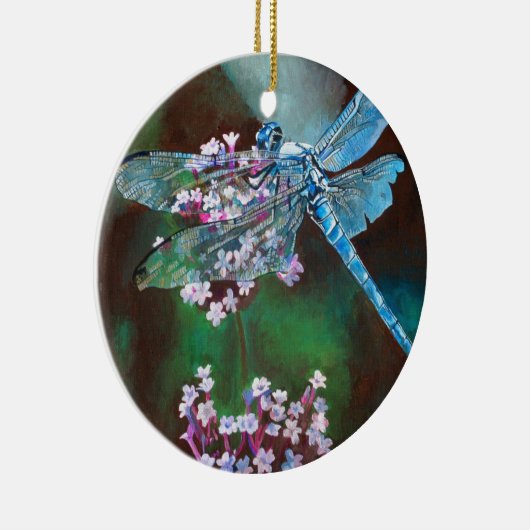 Blauwe dragonfly die op wilde knoflook rust keramisch ornament (Rechts)