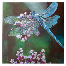 Blauwe dragonfly die op wilde knoflook rust tegeltje