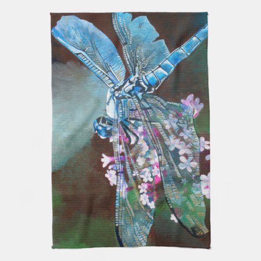 Blauwe dragonfly die op wilde knoflook rust theedoek (Verticaal)