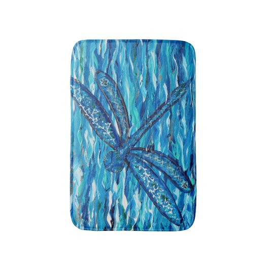 Blauwe dragonvliesschildering badmat (Voorkant Verticaal)