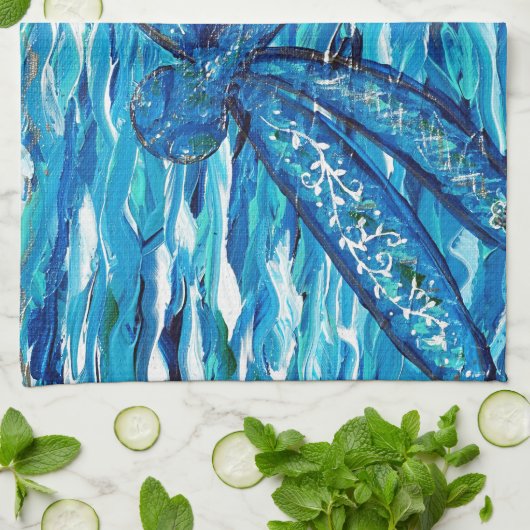 Blauwe dragonvliesschildering theedoek (Gevouwen)