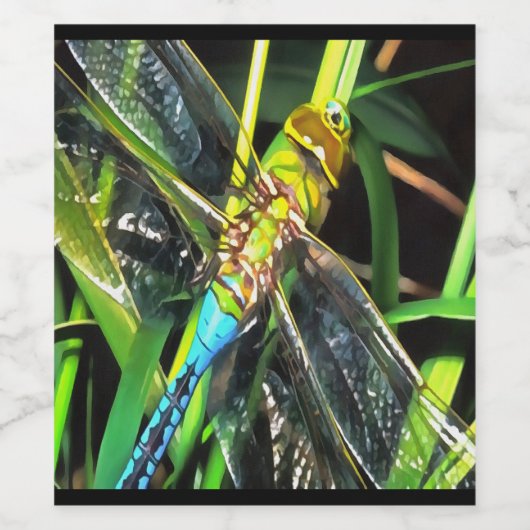 Blauwe dragonvliesschilderingen wijn etiket (Enkel label)