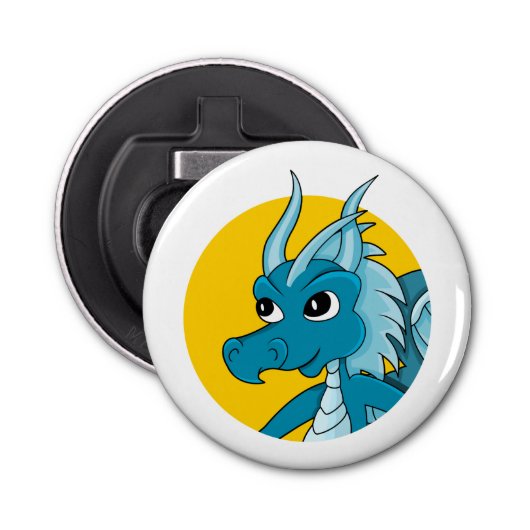 Blauwe drakencartoon button flesopener (Voorkant)