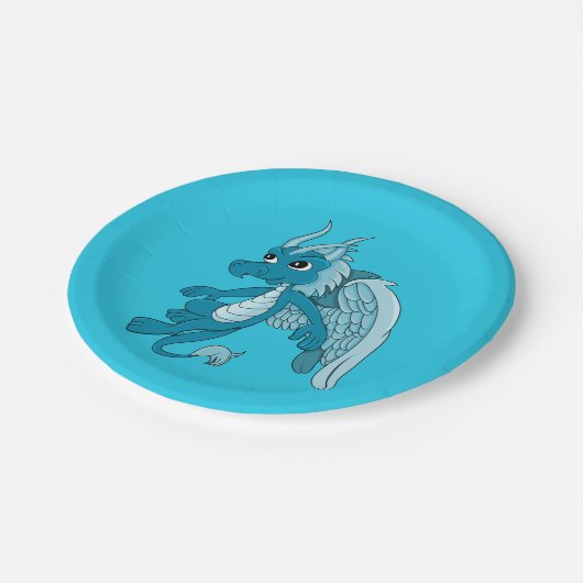 Blauwe drakencartoon papieren bordje (Gekanteld)