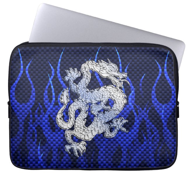 Blauwe drakenchroom zoals koolstofvezelvlammen laptop sleeve (Voorkant)