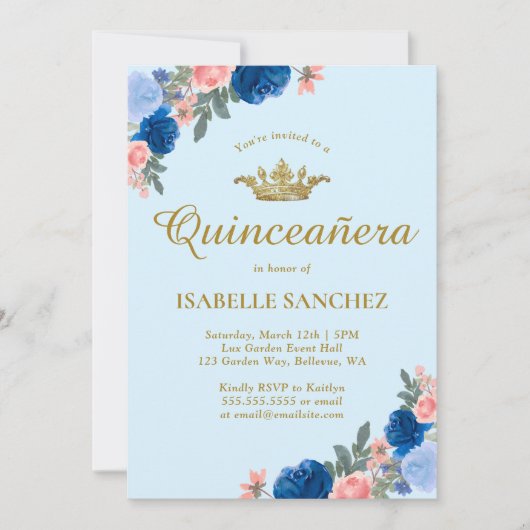 Blauwe dress en Floral Quinceanera Kaart (Voorkant)