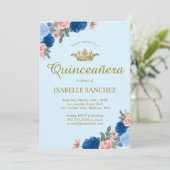 Blauwe dress en Floral Quinceanera Kaart (Staand voorkant)