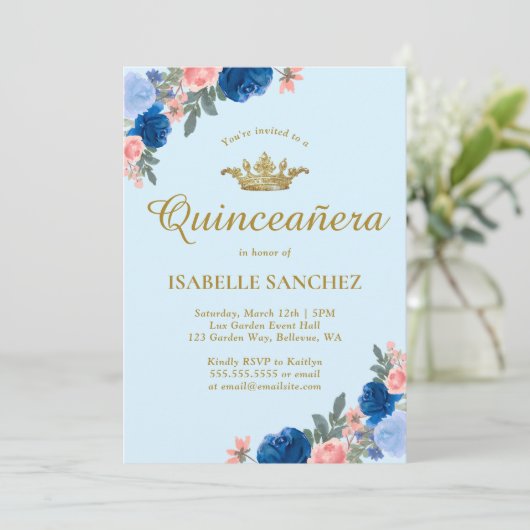 Blauwe dress en Floral Quinceanera Kaart (Staand voorkant)