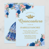Blauwe dress en Floral Quinceanera Kaart (Voorkant / Achterkant)