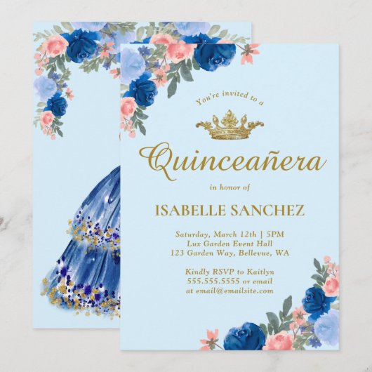 Blauwe dress en Floral Quinceanera Kaart (Voorkant / Achterkant)