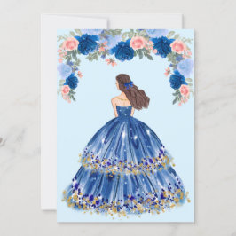Blauwe dress en Floral Quinceanera Kaart