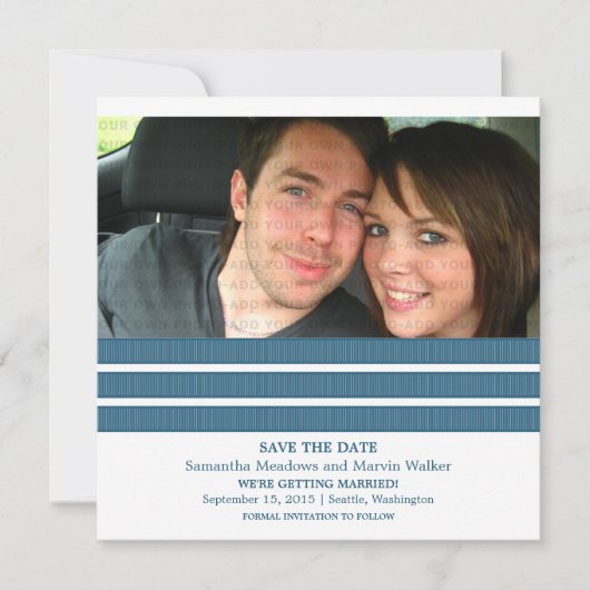 Blauwe Drie-strepen Foto Save the Date Uitnodiging (Voorkant)