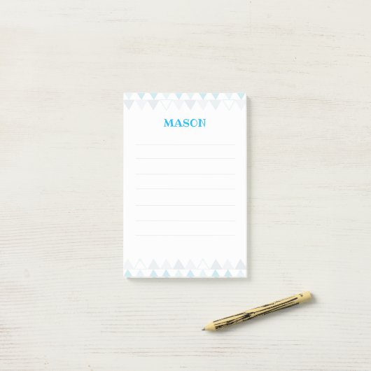 Blauwe driehoeken Post it Notes (Op bureau)