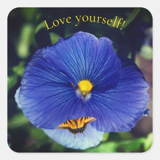 Blauwe driekleurig viooltje vierkante sticker (Voorkant)