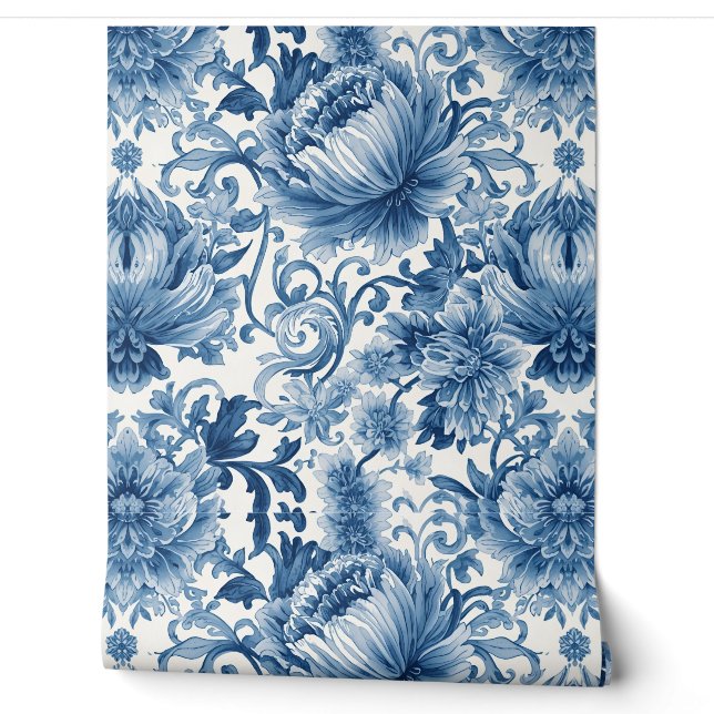 Blauwe Dromen | Bloemenschildering in waterverftec Behang (Afrollen)