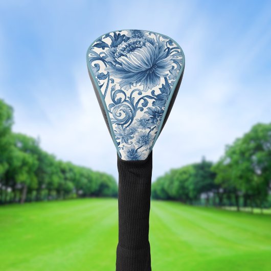Blauwe Dromen | Bloemige Aquarel Chinoiserie Wit Golfheadcover