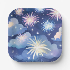 Blauwe Dromerige Wolken | Vuurwerk Sterren Waterve Papieren Bordje