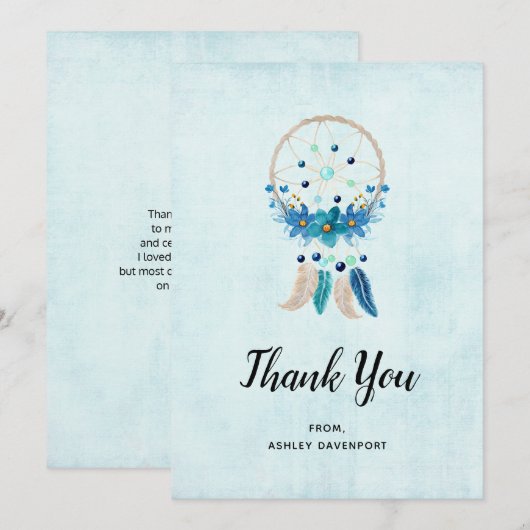 Blauwe droomcatcher met bloemen en veren bedankkaart (Voorkant / Achterkant)