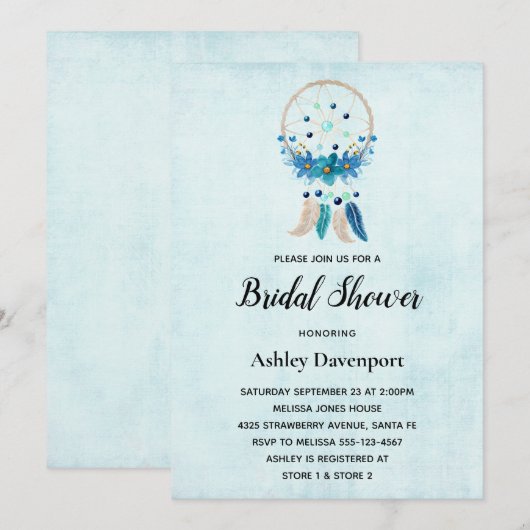 Blauwe droomcatcher met bloemen en veren bridal kaart (Voorkant / Achterkant)